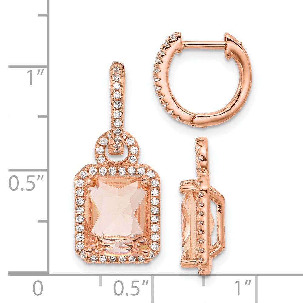 Sterling Silver Rose-tone Glass and CZ Dangle Hinged Round Hoop Earrings
