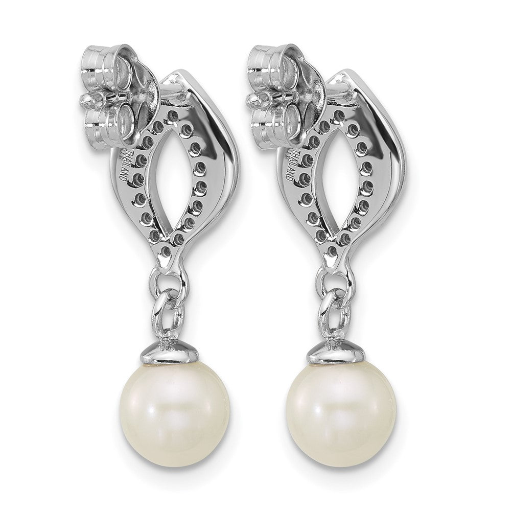 Sterling Silver Rhodium-plated CZ FWC Pearl Dangle Post Earrings