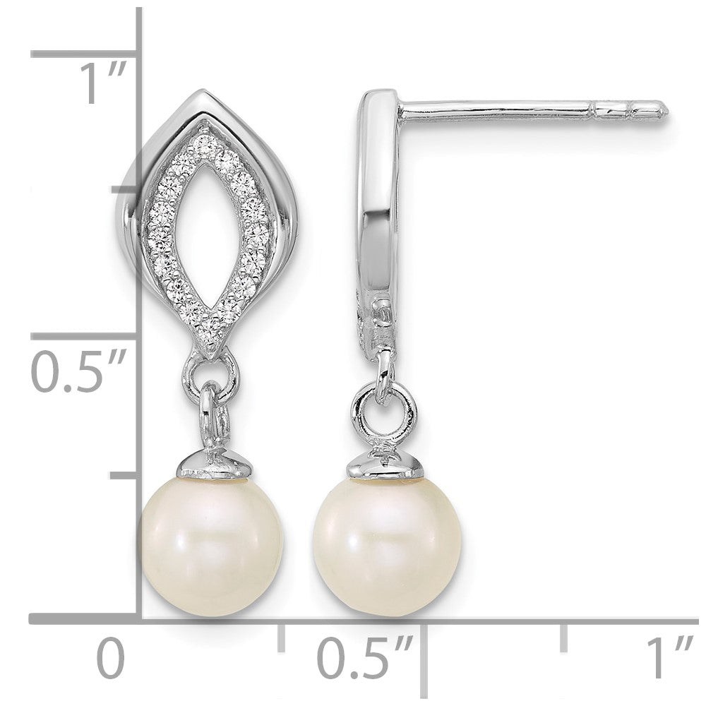 Sterling Silver Rhodium-plated CZ FWC Pearl Dangle Post Earrings