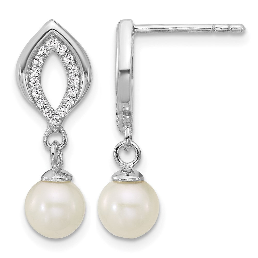Sterling Silver Rhodium-plated CZ FWC Pearl Dangle Post Earrings