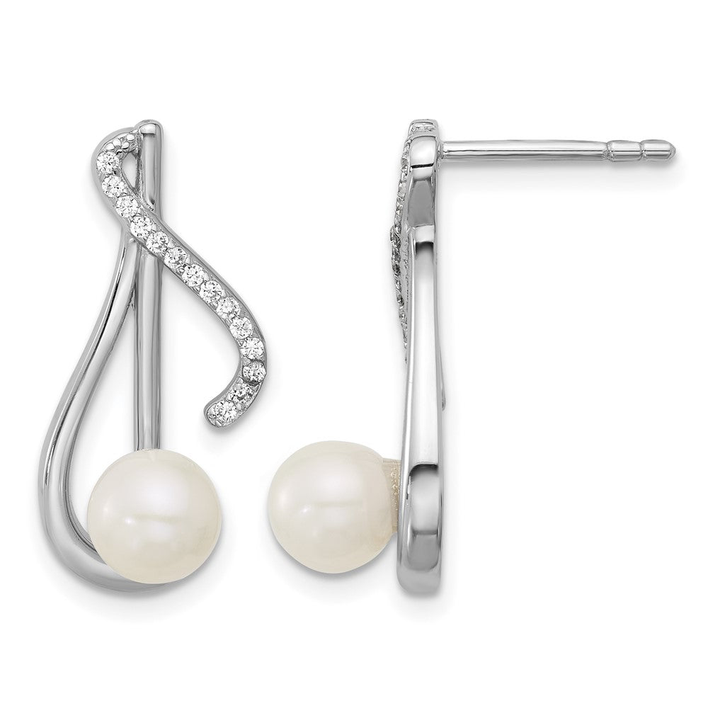 Sterling Silver Rhodium-plated CZ FWC Pearl Swirl Post Earrings