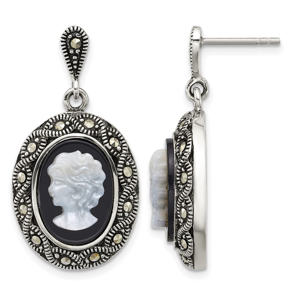 Sterling Silver Antiqued Marcasite Black Agate and MOP Cameo Earrings