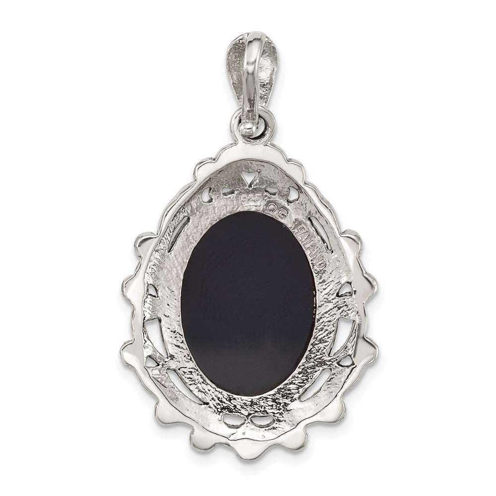 Sterling Silver Antiqued Marcasite Blk Agate and MOP Cameo Pendant
