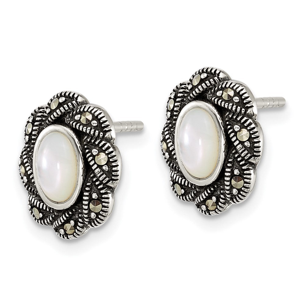 Sterling Silver Antiqued Marcasite and MOP Oval Fancy Post Earrings