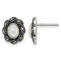 Sterling Silver Antiqued Marcasite and MOP Oval Fancy Post Earrings