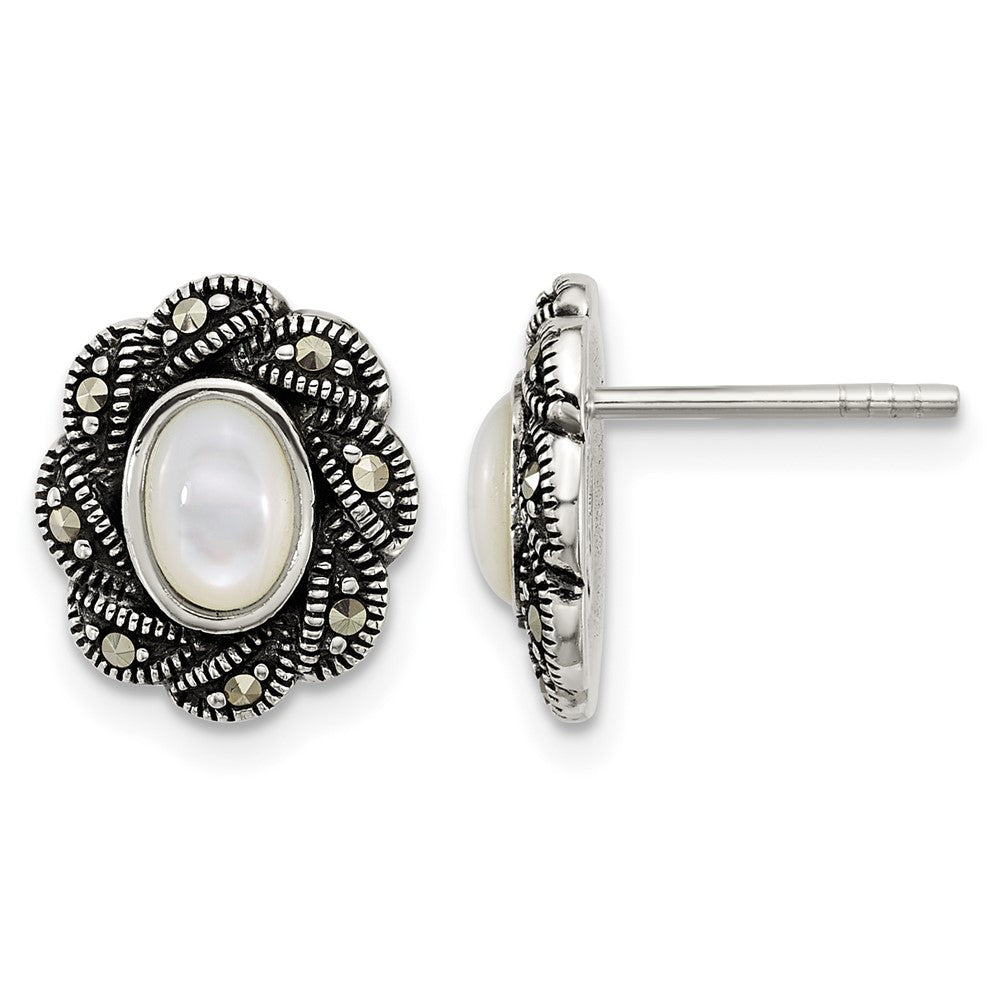 Sterling Silver Antiqued Marcasite and MOP Oval Fancy Post Earrings