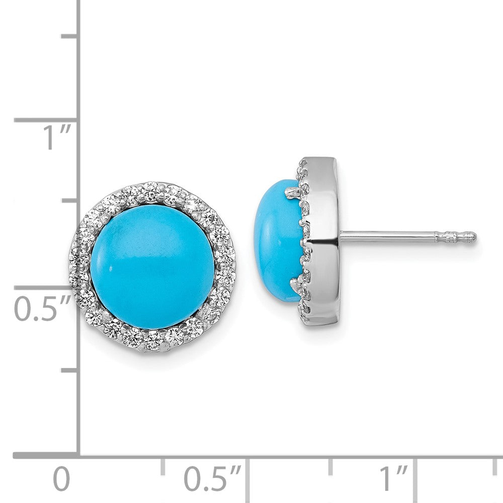 Sterling Silver RH-plt CZ and Reconstituted Turquoise Circle Post Earrings