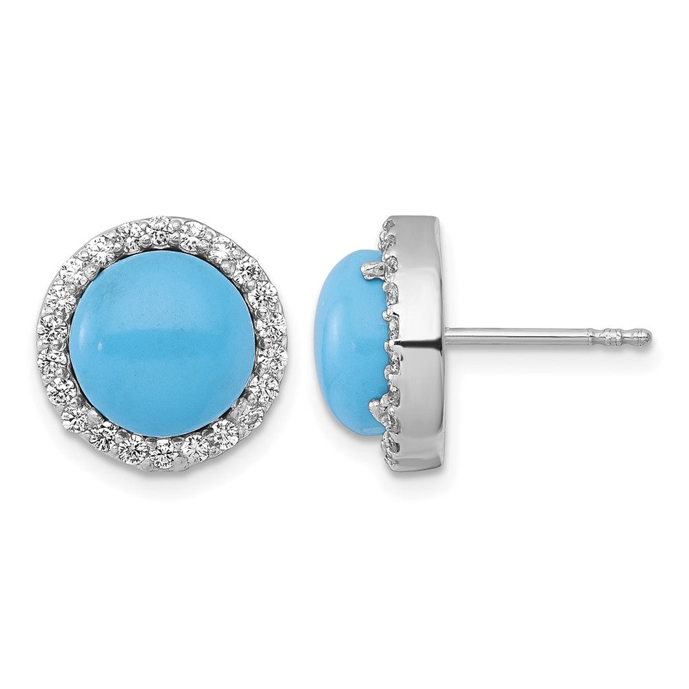 Sterling Silver RH-plt CZ and Reconstituted Turquoise Circle Post Earrings