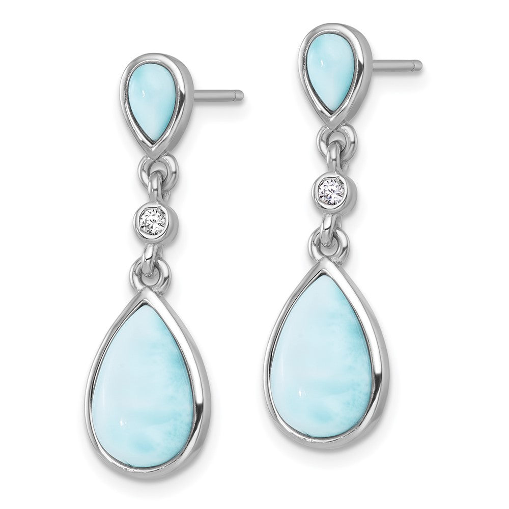 Sterling Silver RH-plated Larimar and CZ Teardrop Post Dangle Earrings