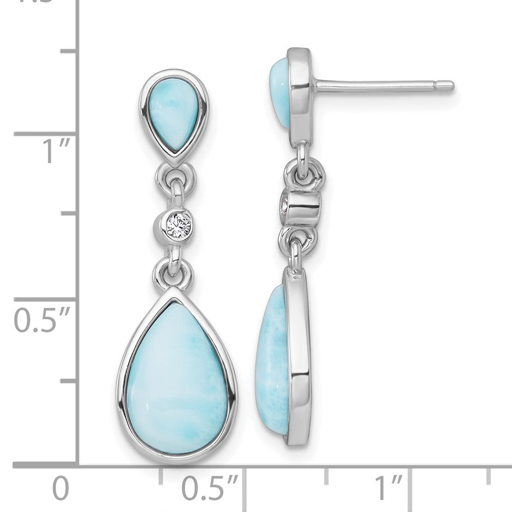 Sterling Silver RH-plated Larimar and CZ Teardrop Post Dangle Earrings
