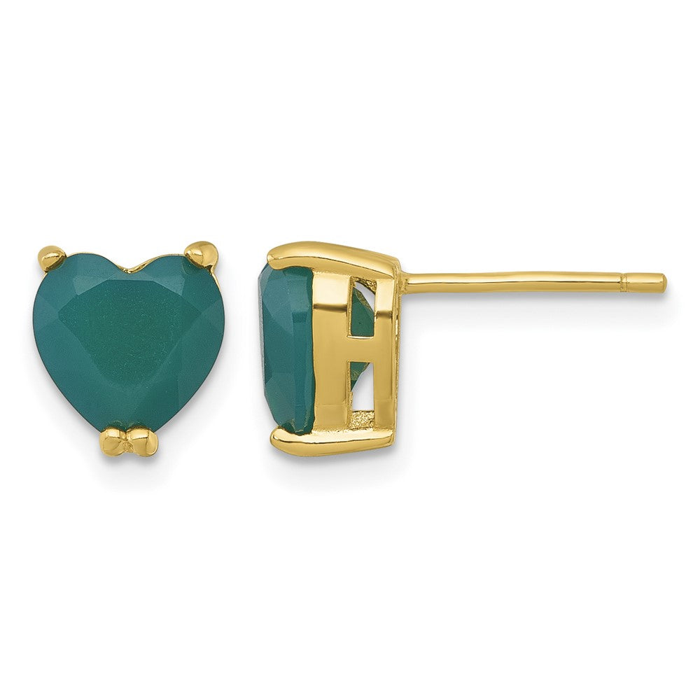 Sterling Silver Gold-tone Green Chalcedony Heart Post Earrings