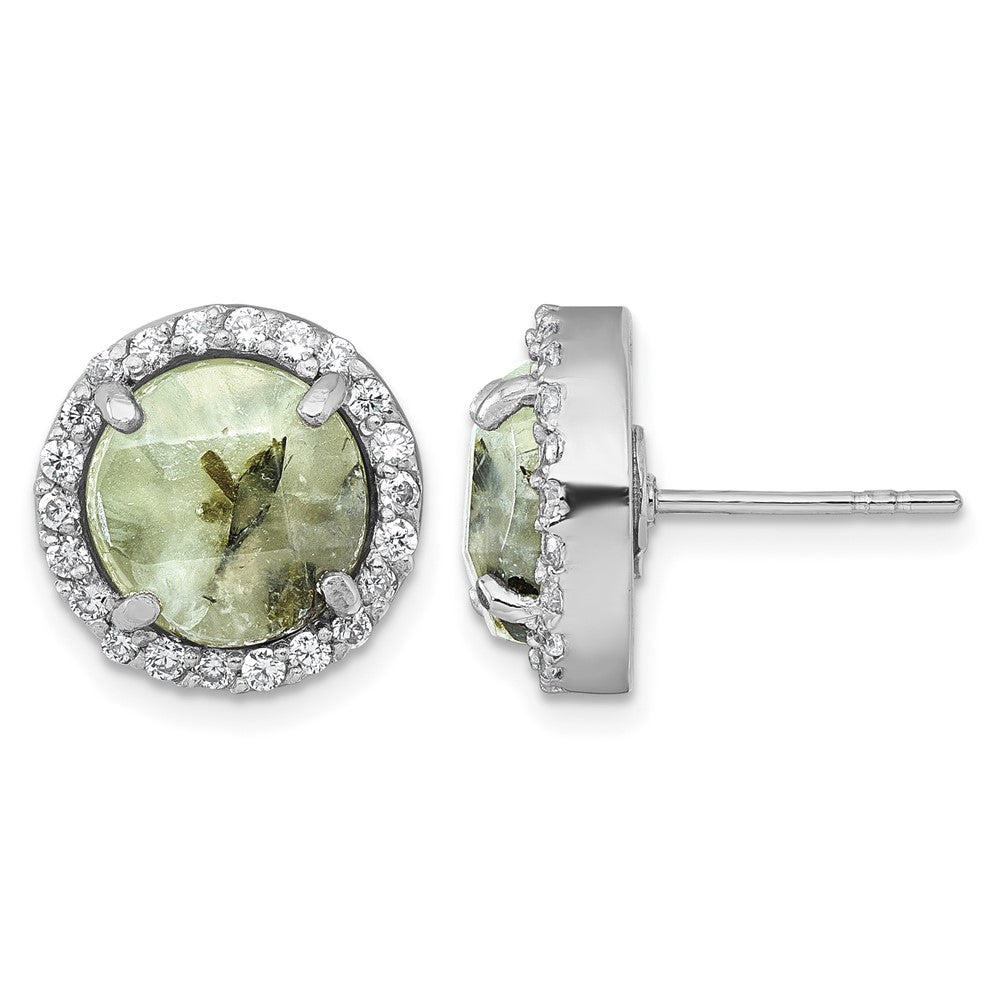 Sterling Silver Rhodium-plated Polished CZ and Prehnite Circle Post Earring