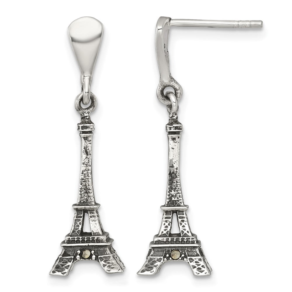 Sterling Silver Antiqued Marcasite 3-D Eiffel Tower Dangle Post Earrings