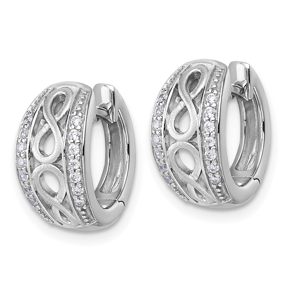 Sterling Silver Rh-plt Polished and Satin CZ Infinity Hinged Hoop Earrings