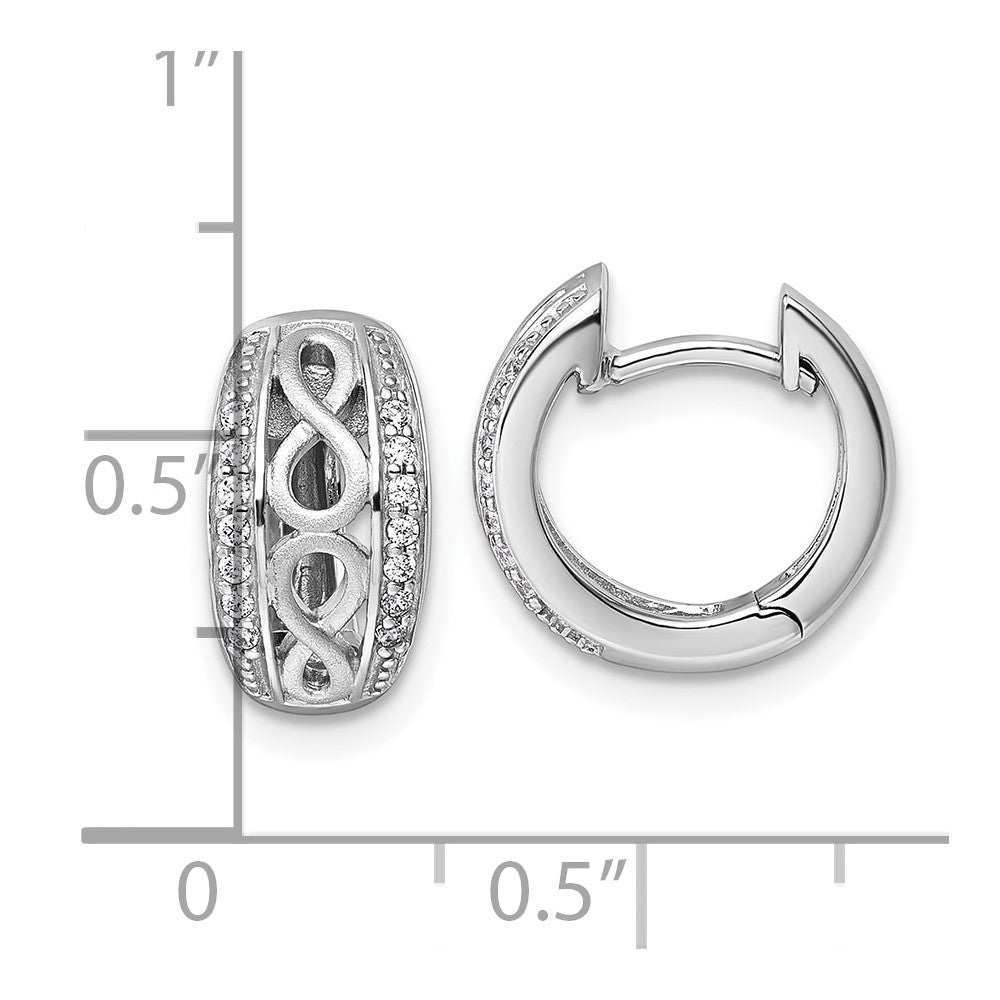 Sterling Silver Rh-plt Polished and Satin CZ Infinity Hinged Hoop Earrings