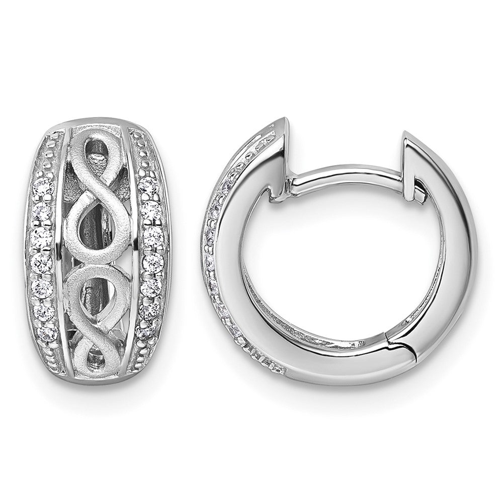 Sterling Silver Rh-plt Polished and Satin CZ Infinity Hinged Hoop Earrings