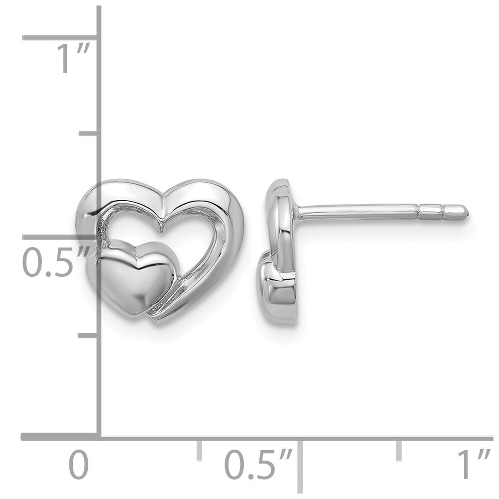 Sterling Silver Rhodium-plated Polished Heart Inside Heart Post Earrings