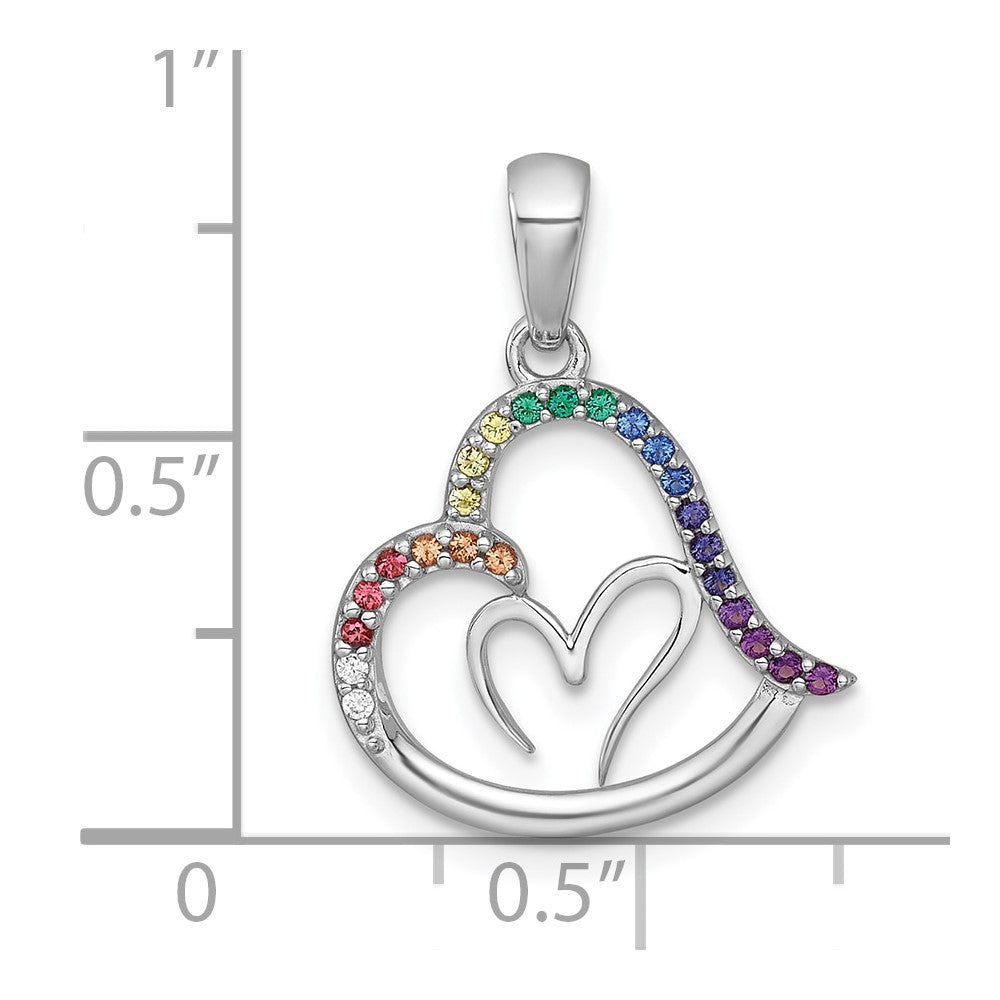 Sterling Silver RH-plated Polished Multi Color Nano Crystals Heart Pendant
