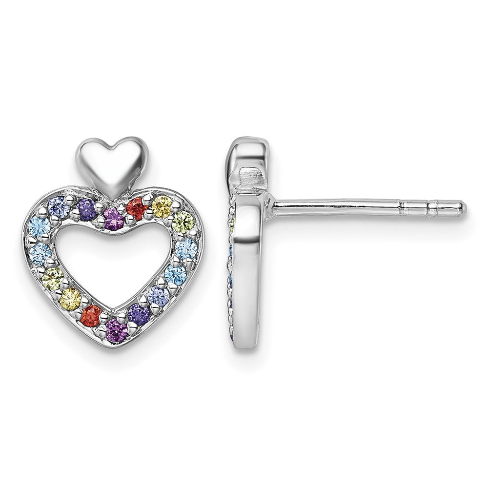 Sterling Silver Rhodium-plated Multi Color CZ Heart Post Earrings