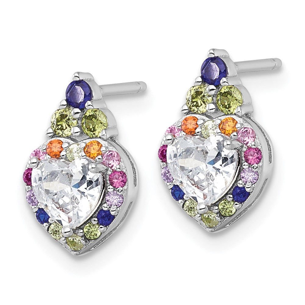 Sterling Silver RH-plated Polished Multicolor CZ Heart Post Earrings