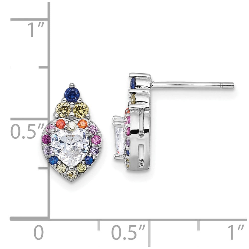 Sterling Silver RH-plated Polished Multicolor CZ Heart Post Earrings