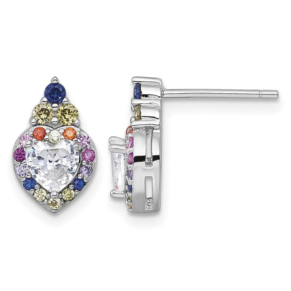 Sterling Silver RH-plated Polished Multicolor CZ Heart Post Earrings