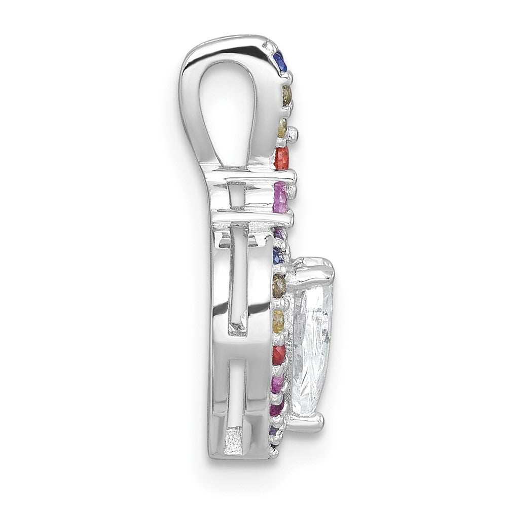 Sterling Silver RH-plt Polished Multicolor CZ Heart Chain Slide Pendant