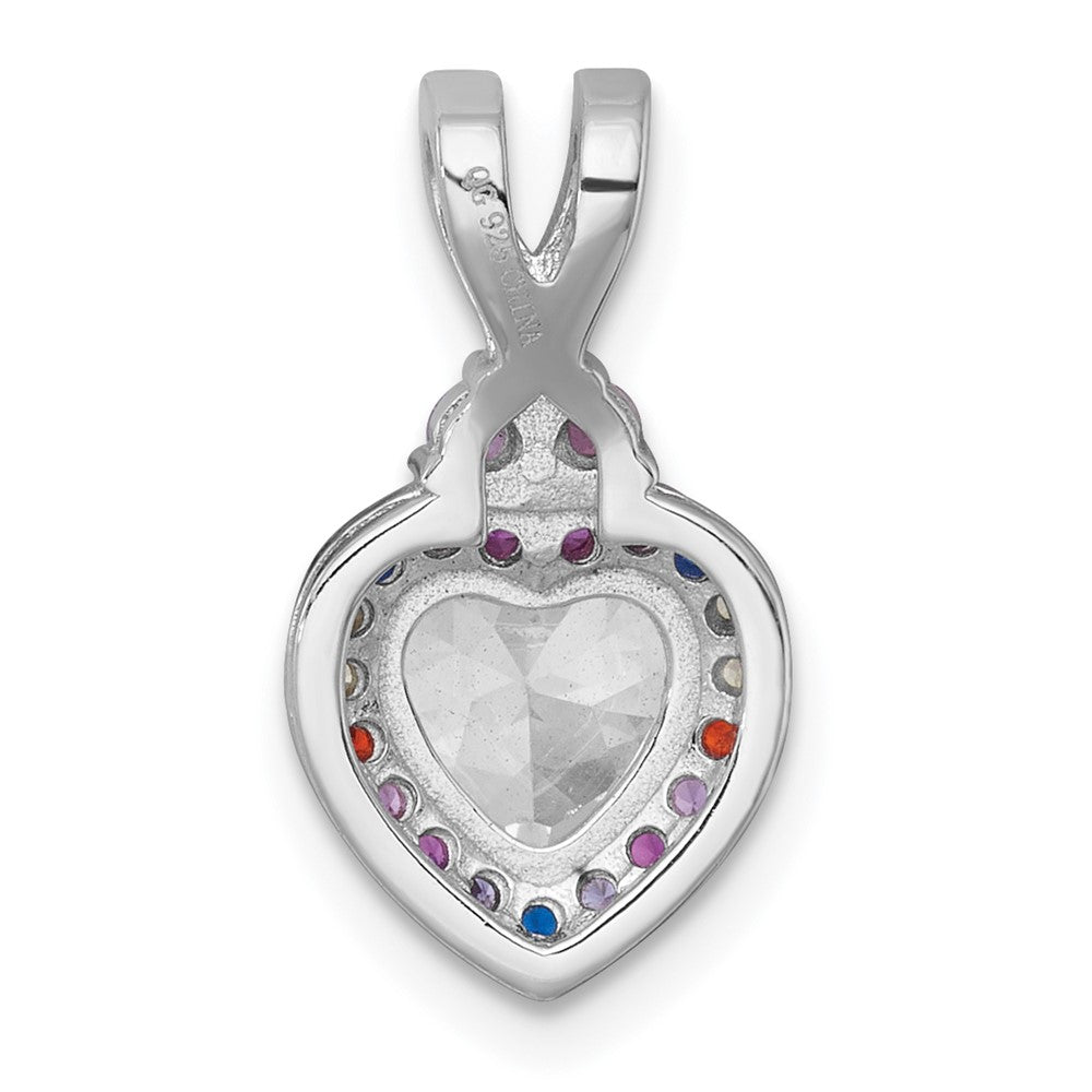 Sterling Silver RH-plt Polished Multicolor CZ Heart Chain Slide Pendant