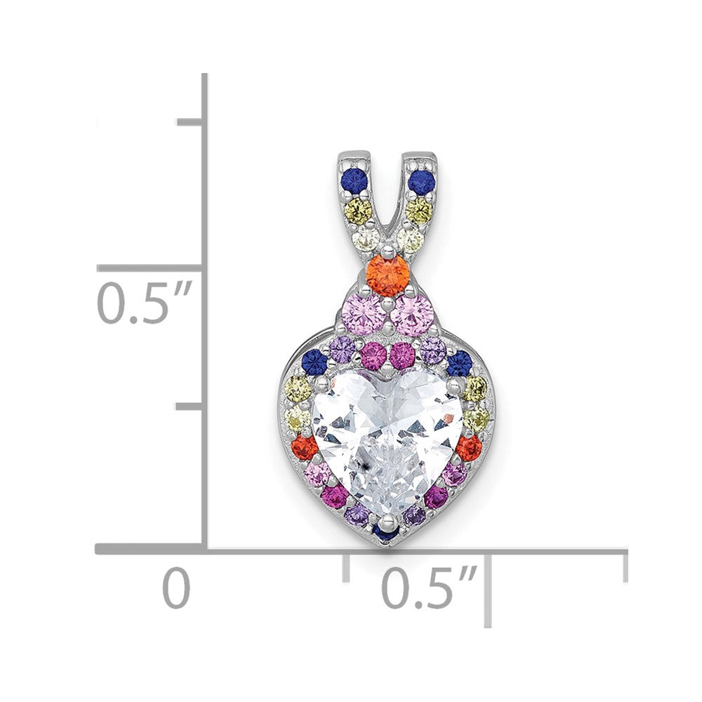 Sterling Silver RH-plt Polished Multicolor CZ Heart Chain Slide Pendant