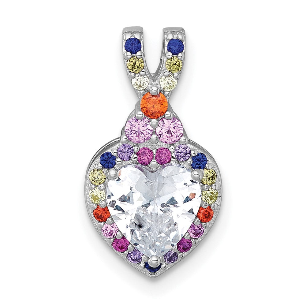 Sterling Silver RH-plt Polished Multicolor CZ Heart Chain Slide Pendant