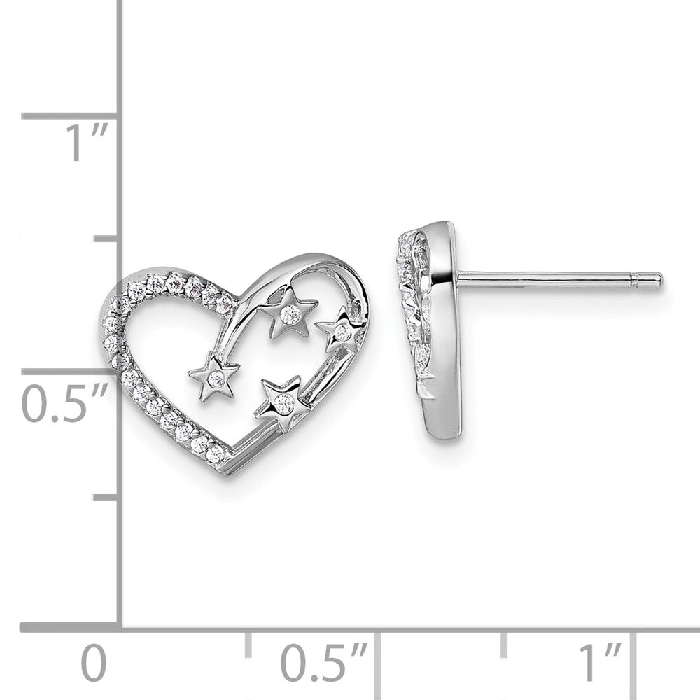 Sterling Silver Rhodium-plated CZ Heart with Stars Post Earrings
