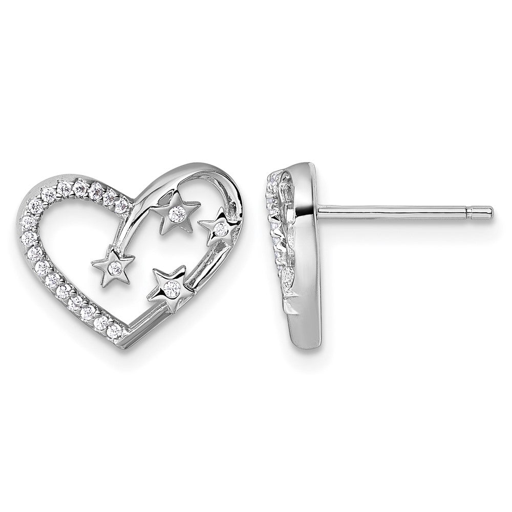 Sterling Silver Rhodium-plated CZ Heart with Stars Post Earrings