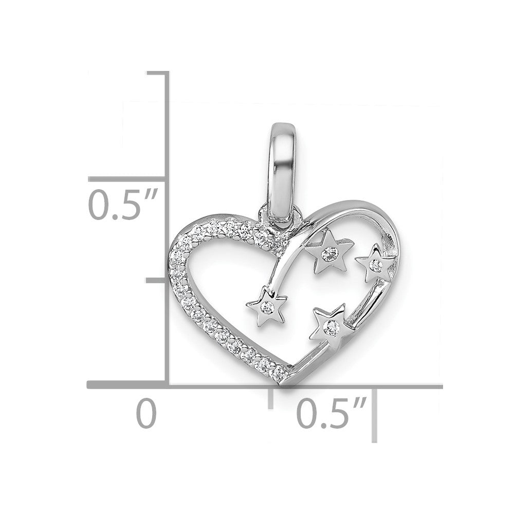 Sterling Silver Rhodium-plated CZ Heart with Stars Pendant