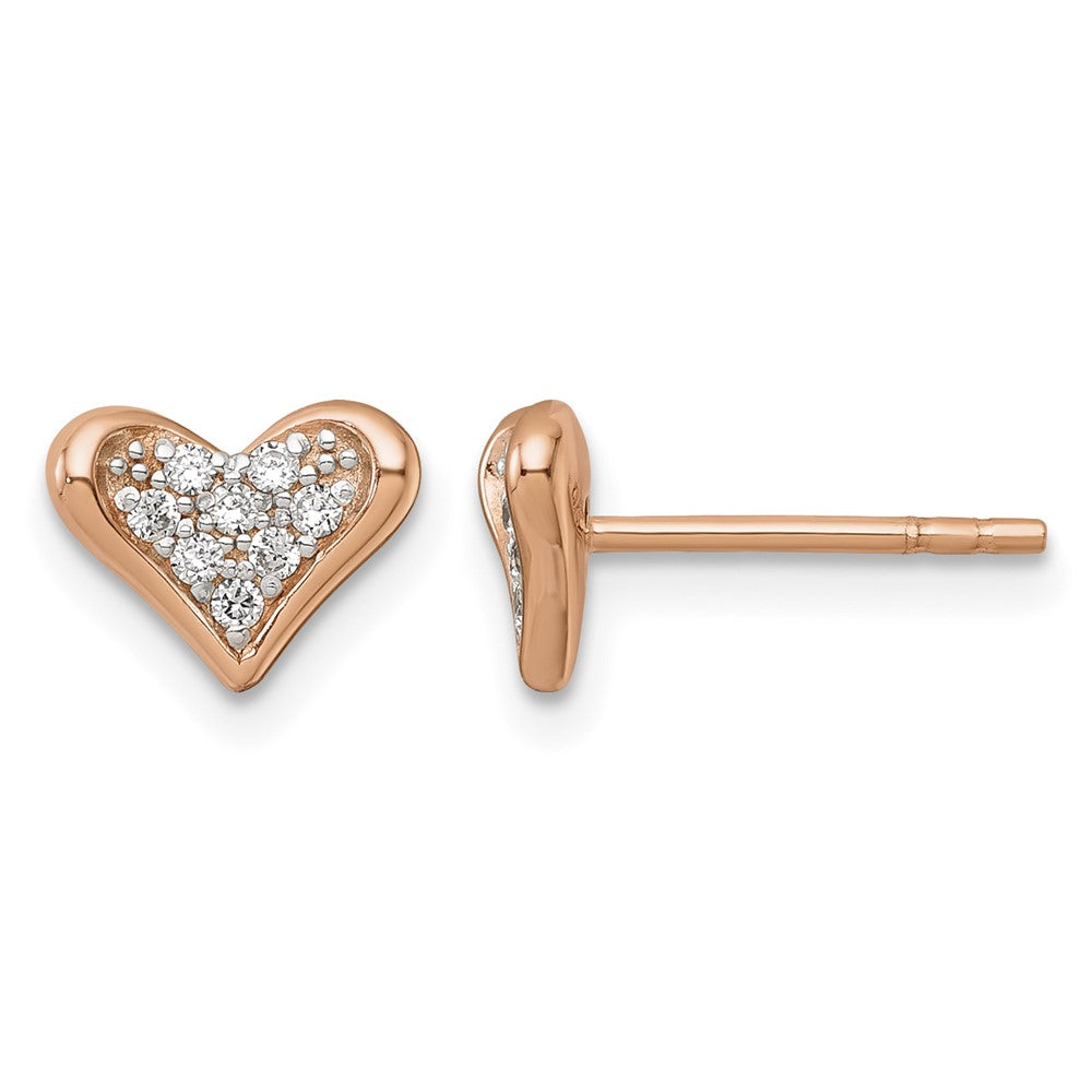 Sterling Silver Rhodium and Rose Gold-plated CZ Heart Post Earrings