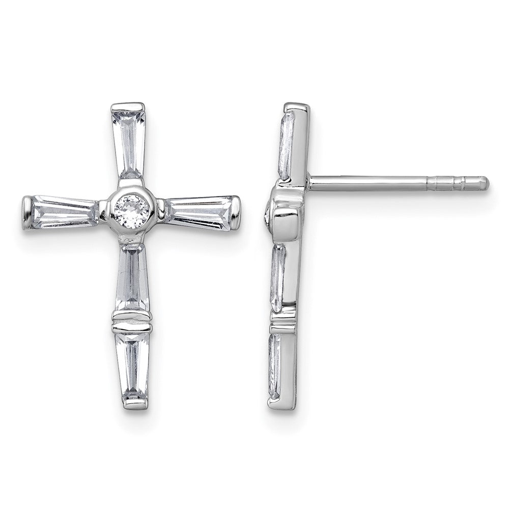 Sterling Silver Rhodium-plated Polished White CZ Cross Post Earrings