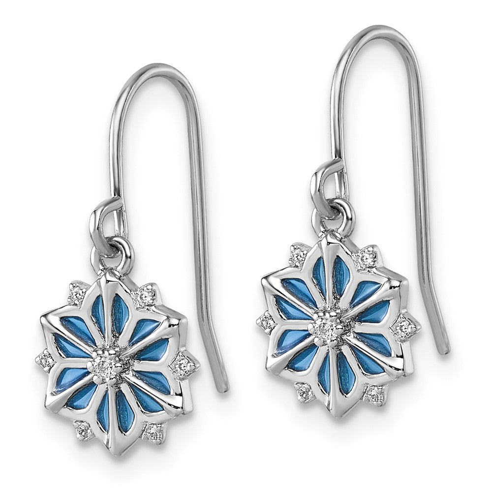 Sterling Silver RH-plated Blue Enamel & White CZ Dangle Earrings