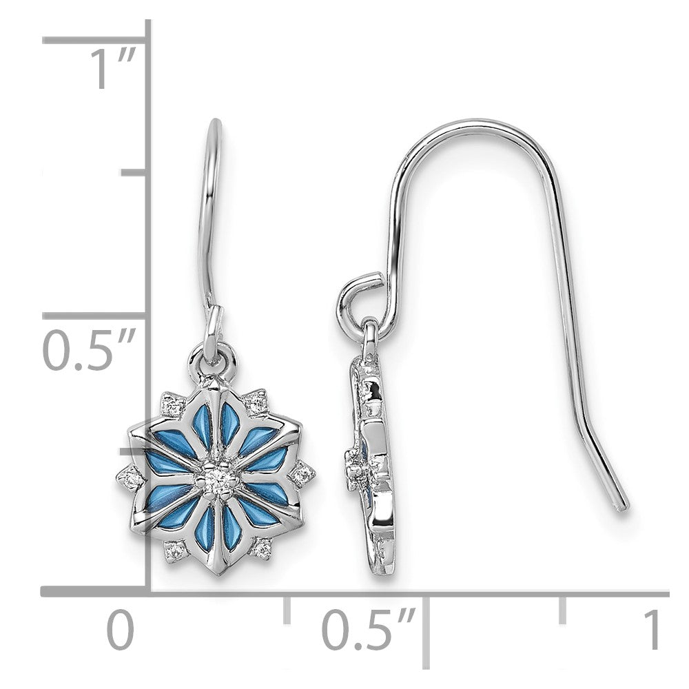 Sterling Silver RH-plated Blue Enamel & White CZ Dangle Earrings