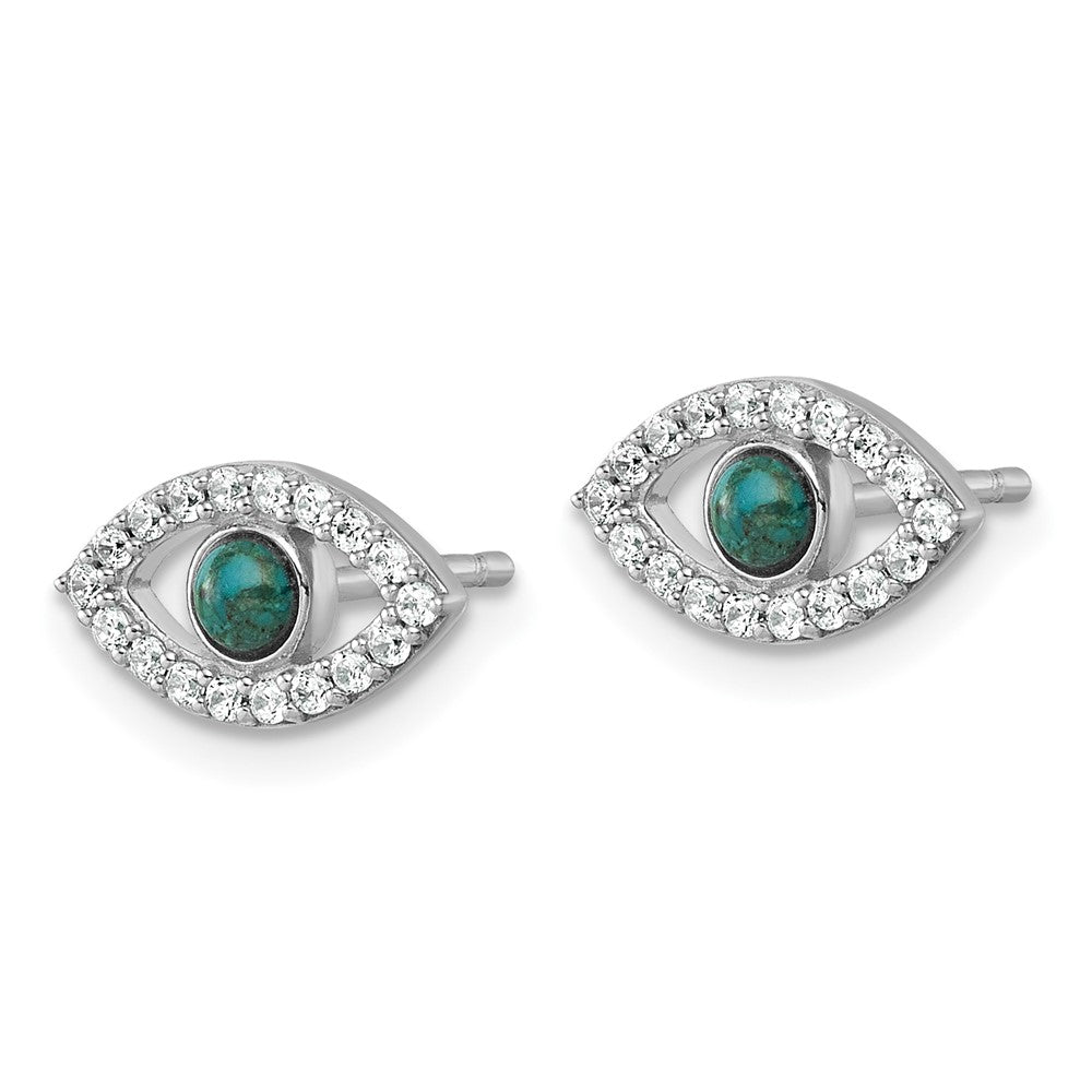 Sterling Silver RH-plated CZ Compressed Turquoise Evil Eye Post Earrings