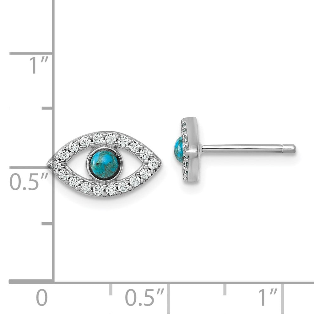 Sterling Silver RH-plated CZ Compressed Turquoise Evil Eye Post Earrings