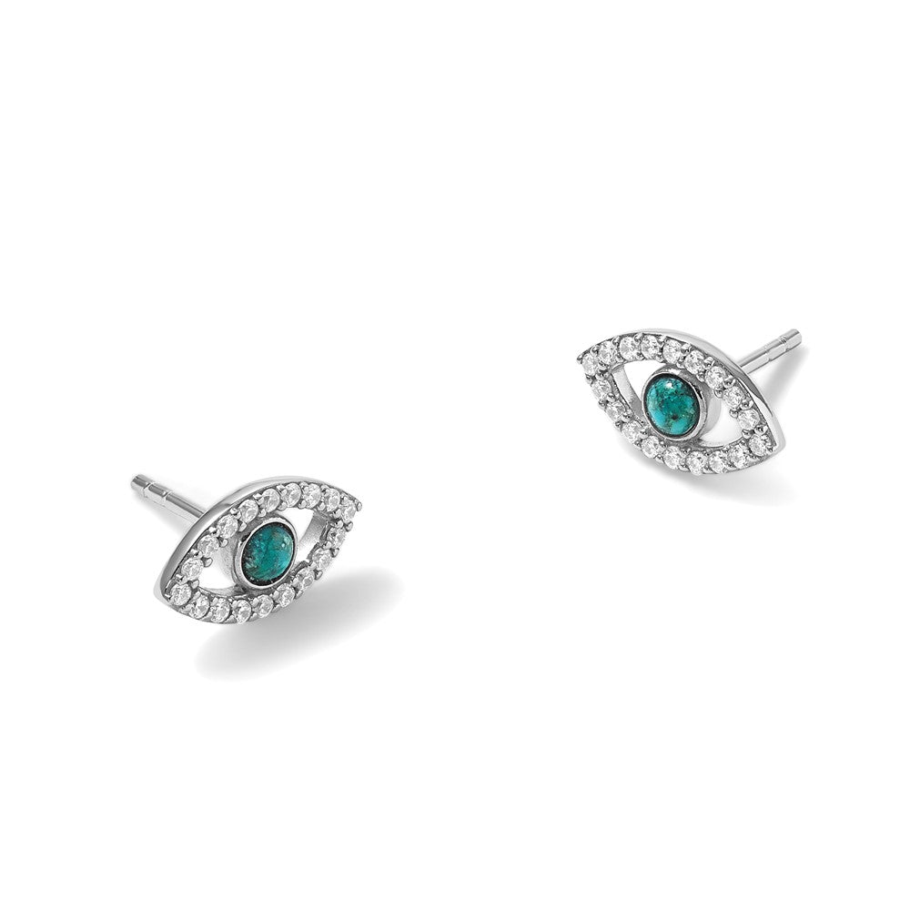 Sterling Silver RH-plated CZ Compressed Turquoise Evil Eye Post Earrings