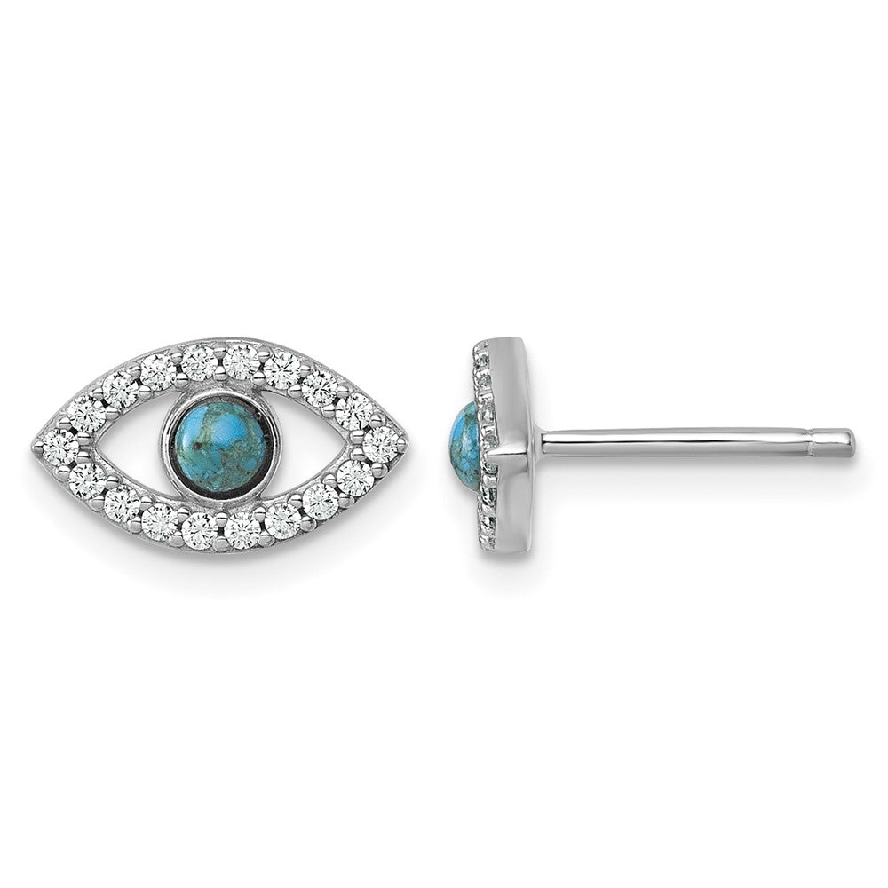 Sterling Silver RH-plated CZ Compressed Turquoise Evil Eye Post Earrings