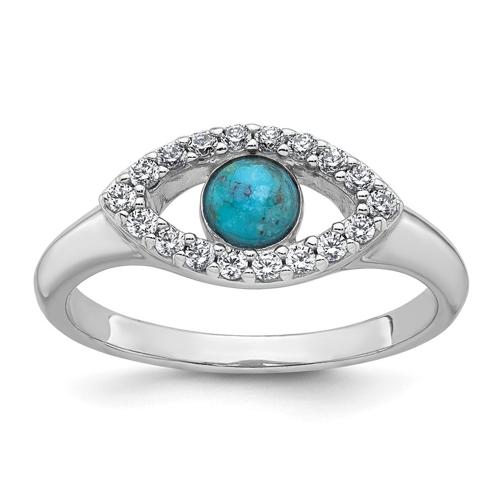 Sterling Silver RH-plated CZ and Compressed Turquoise Evil Eye Ring