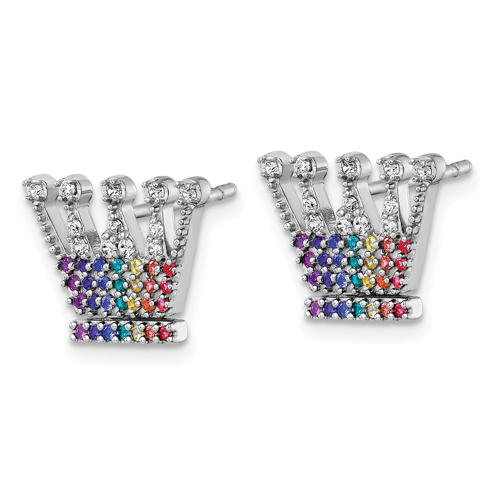 Sterling Silver RH-plated Multi Color Nano Crystals Crown Post Earrings
