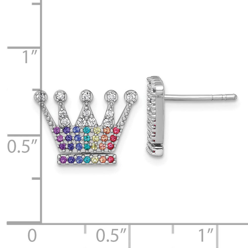 Sterling Silver RH-plated Multi Color Nano Crystals Crown Post Earrings