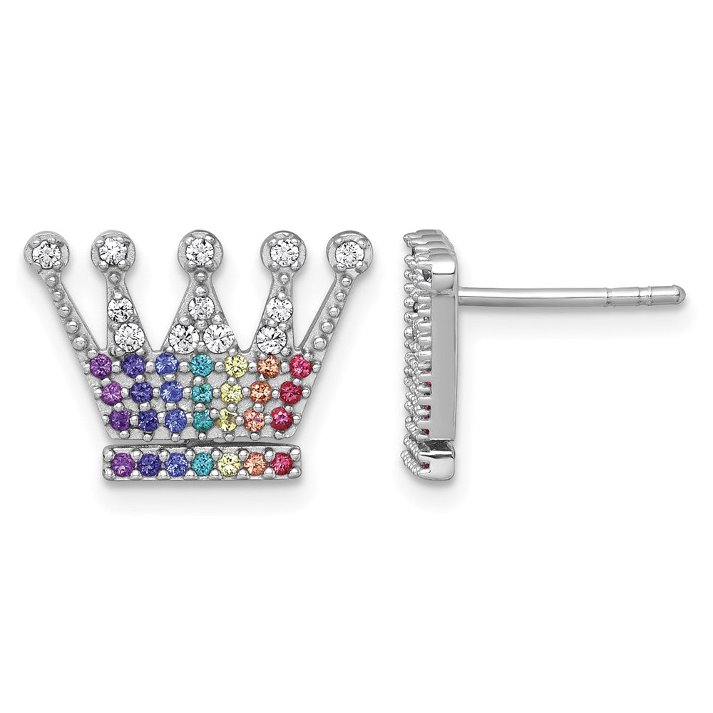 Sterling Silver RH-plated Multi Color Nano Crystals Crown Post Earrings