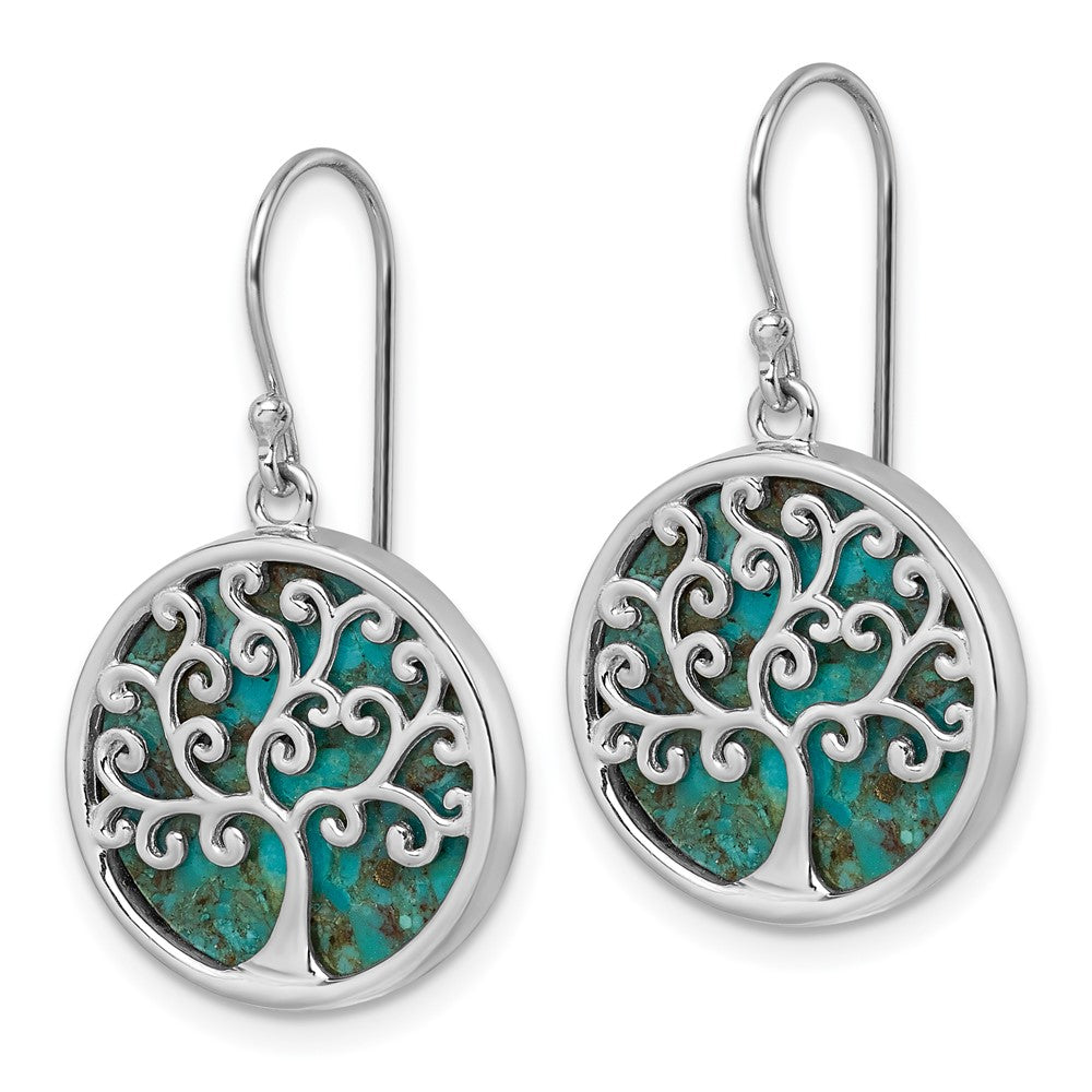 Sterling Silver RH-plated Compressed Turquoise Tree Of Life Earrings