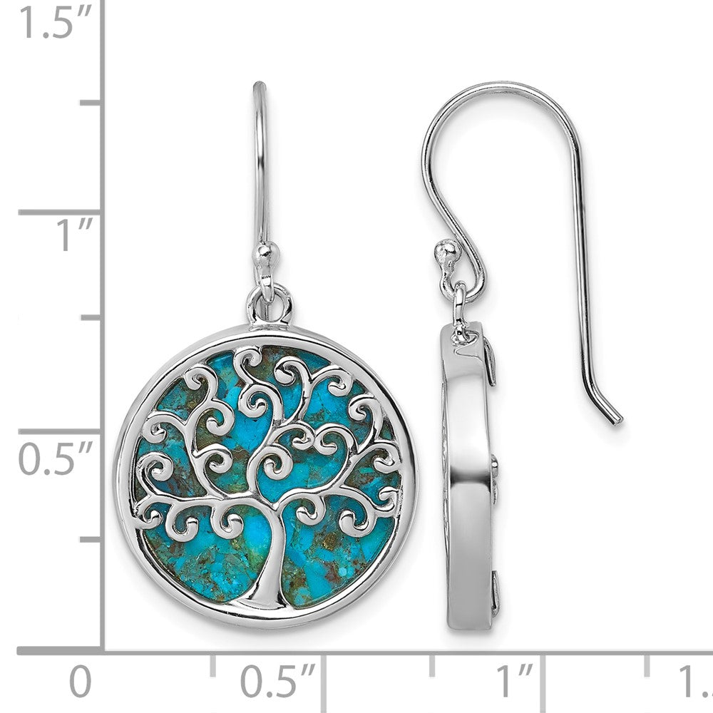 Sterling Silver RH-plated Compressed Turquoise Tree Of Life Earrings