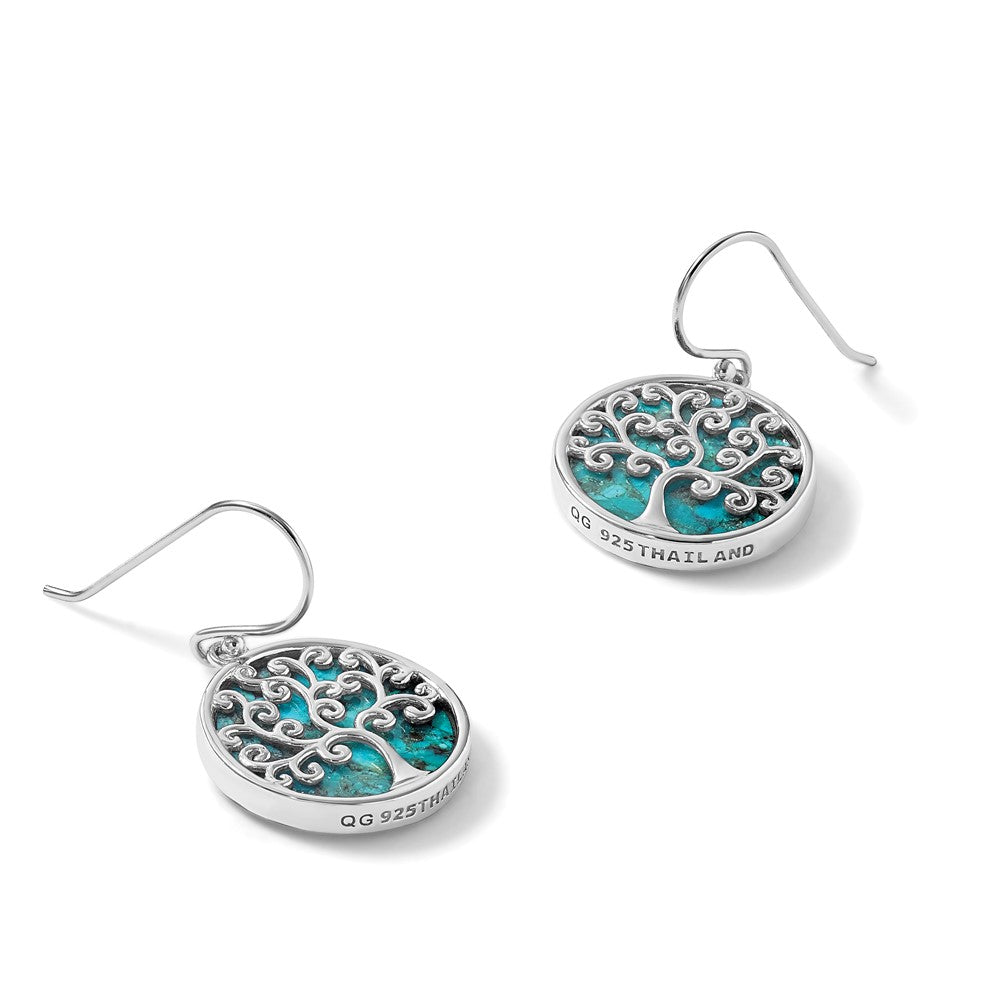 Sterling Silver RH-plated Compressed Turquoise Tree Of Life Earrings