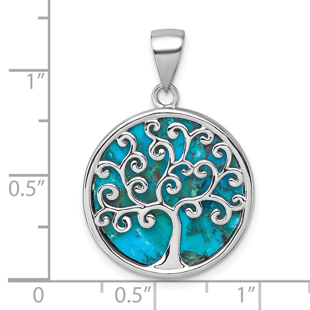 Sterling Silver RH-plated Compressed Turquoise Tree Of Life Pendant