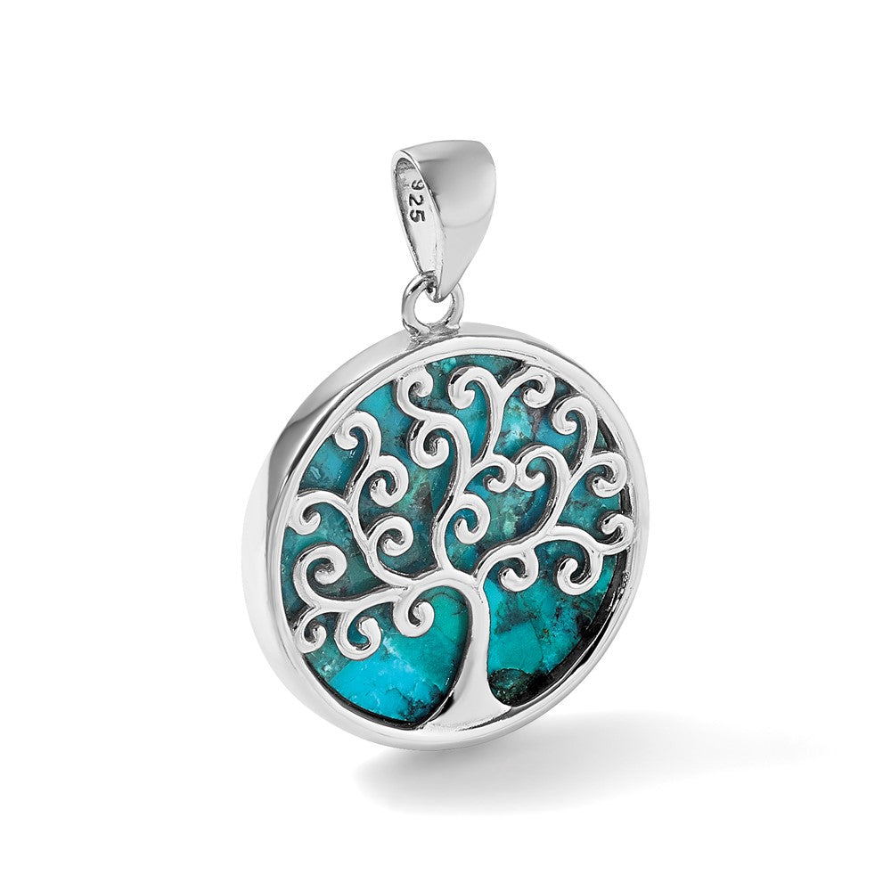 Sterling Silver RH-plated Compressed Turquoise Tree Of Life Pendant